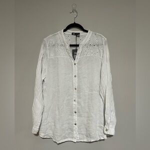 Made in Italy White Linen Long Sleeve Top Eyelet Trim Size Small Coastal NEW